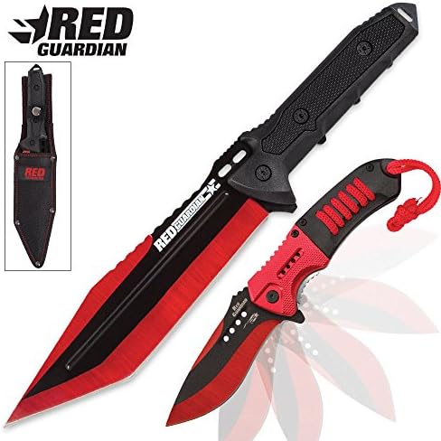 Black Legion Red Guardian Tanto Fixed Blade and Assisted Opening Pocket Knife Set - Metallic Red