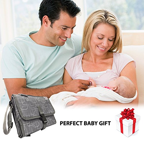 Portable Diaper Changing Pad for Baby to Toddler - Waterproof Cushioned Pad and Built in Head Pillow, 3 Pockets - Wipeable - Lightweight On the Go Diapering Solution - Stylish Unique Design - Grey