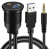 BATIGE USB 3.0 & 3.5mm Car Mount Flush Cable 3.5mm + USB3.0 AUX Extension Dash Panel Waterproof Mount Cable for Car Boat and Motorcycle - 3ft