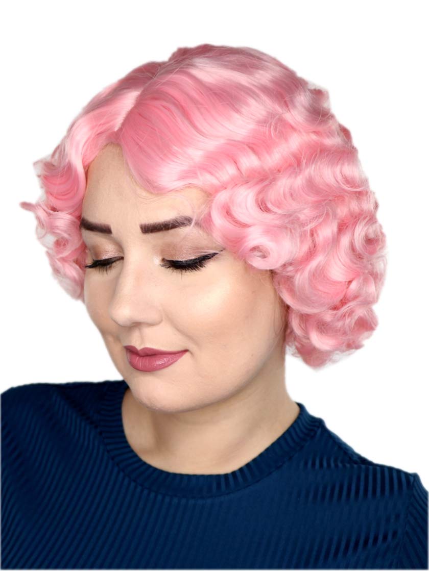 Prettyland light pink Short Hair Wig Chin Long with Water Retro Wave with Hair Clips Side Vertex C072