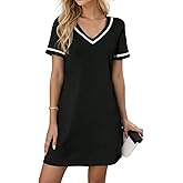 AIMITAG Summer Elegant V Neck Dresses for Women Color Block Going Out Trendy Tunic Mini Dresses Swing Short Sleeve Dress