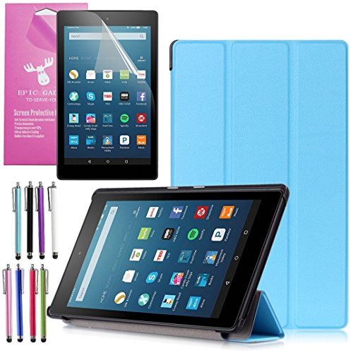Amazon Fire HD 8 Case (2017 7th Gen), EpicGadget(TM) Smart Cover Auto Sleep / Wake Premium Leather Folding Folio Case For Fire HD 8, 8" HD Display Tablet + Fire HD 8 Screen Protector (Light Blue)