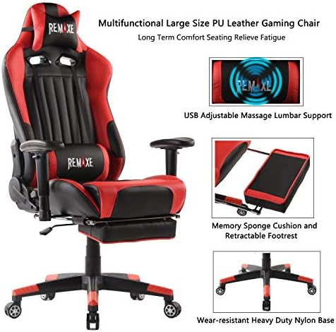 Office Desk Chair Computer Gaming Chair PC Chair Racing Chair Video High Back Ergonomic Swivel Executive Leather Chair with Lumbar Support and Headrest (Red)