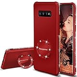 Henpone Galaxy S10 Case, Designed Case for Samsung Galaxy S10, with Kickstand Ring Holder Flash Rhinestone Diamond Sparkle Bling Glitter Cover Case for Woman Girls - Red