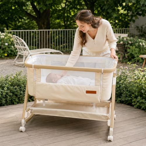 Maydolly Beistellbett 3 in 1 Portable Baby Bed with Breathable Mesh and Sheet, Adjustable Pram Cot (Cream White)