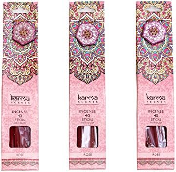 Premium Incense Sticks 3 Pack Gift Set With A Sparkly Holder In Each Box 120 Sticks (Rose)