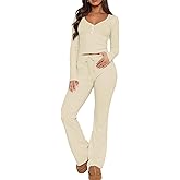 REVETRO Lounge Sets For Women Spring Sexy V Neck Pajama Set Long Sleeve Shirts 2 Piece PJ Set Y2k Workout Sets For GYM