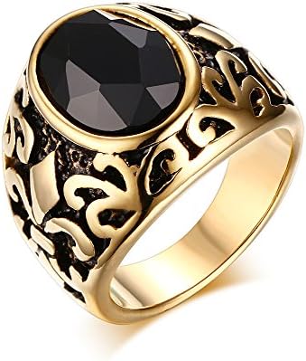 Mealguet Jewelry Stainless Steel Men Women Vintage Retro Gold Plated Glass Fashion Ring, Black