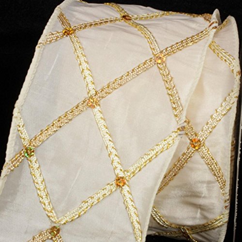 Ivory Diamond Print Taffeta Wired Craft Ribbon 3