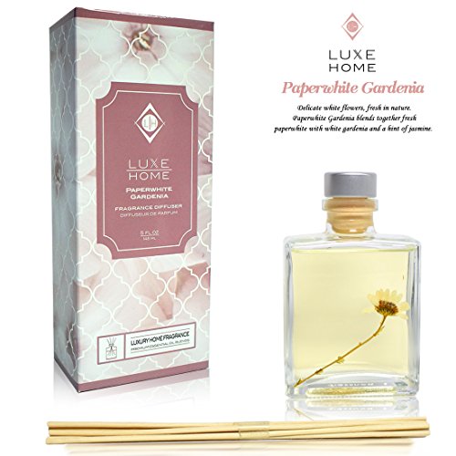 Luxe Home Paperwhite Gardenia Reed Diffuser Set | Jasmine Fragrance Notes | Beautiful Home Decor & Home Scent | Real Flower Inside The Bottle! - Thumbnail 2