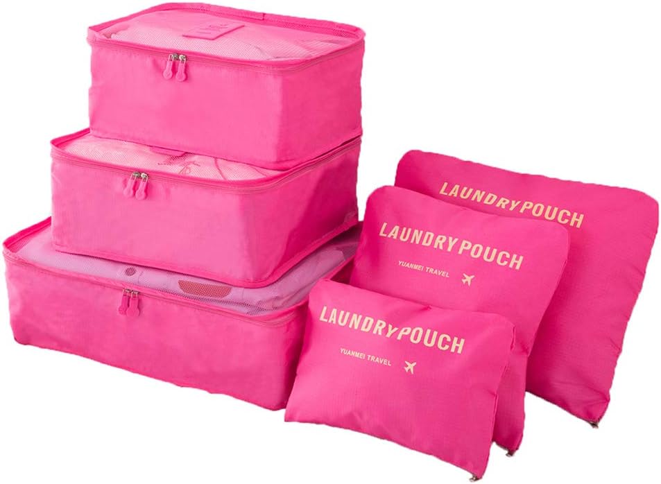 Lightweight 6 Pcs Packing Cubes System, FashionUP Travel Storage Packing Organizers Laundry Bags Compression Pouches for Luggage (Fuchsia)