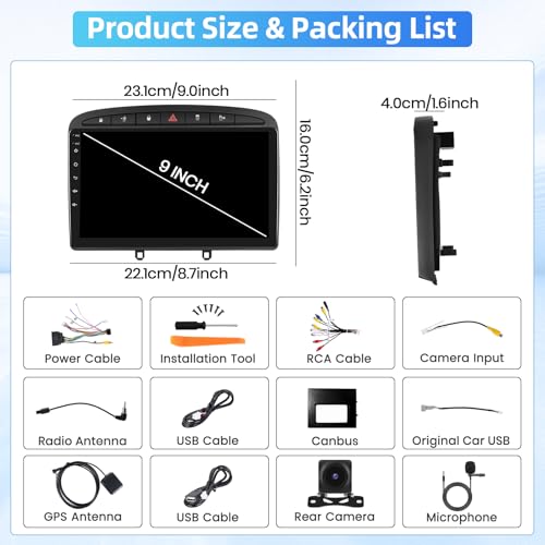 4+64G Wireless Car Radio CarPlay for Peugeot 308/408 2007-2015 Android Auto, Touch Screen Car Radio with Bluetooth 5.0/GPS/Reverse Camera/FM/WiFi/SWC