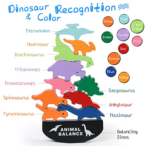 LotFancy Dinosaur Toys for Kids 3-7, Wooden Stacking Toys, Dinosaur Building Blocks for Boys Girls, Preschool Montessori Learning Toys