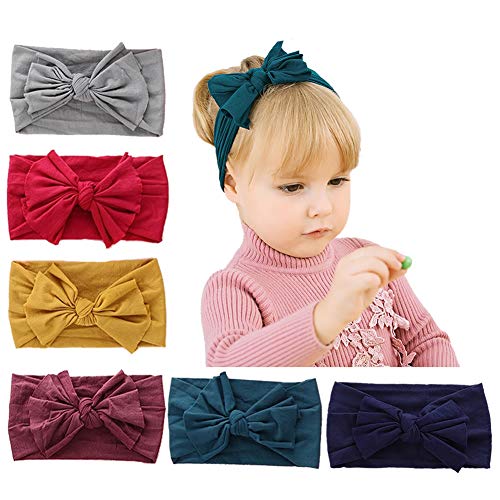 inSowni 6pcs Solid Nylon Bow Turban Headbands Elastic Hairbow Headwrap Hair Bands for Newborns Infants Baby Girls Toddlers Kids - Thumbnail 6