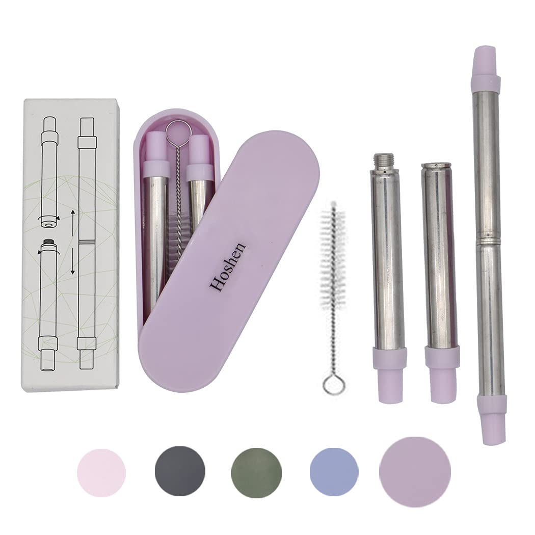 Hoshen Stainless Steel Portable Telescopic Straw, Two-in-One Detachable Telescopic Straw, Detachable, Reusable Straw with Shell, with Cleaning Brush - Deep Pink