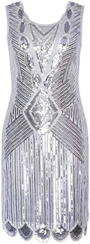 worlsky fashionable Women's 1920s Gatsby Sequin Art Deco Scalloped Hem Inspired Flapper Dress All Silver12/14