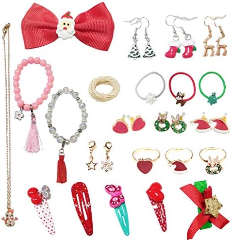 Advent Calendar, DIY Charm Jewellery Countdown to Christams for Girls Kids with Fashion Hair Ties Earring Bracelets Ring and Santa Long Necklace -Gift 24 pcs