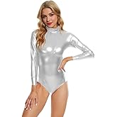 Javly Long Sleeve Metallic Bodysuit Women Shiny Dance Leotard Turtleneck Latex Bodysuit