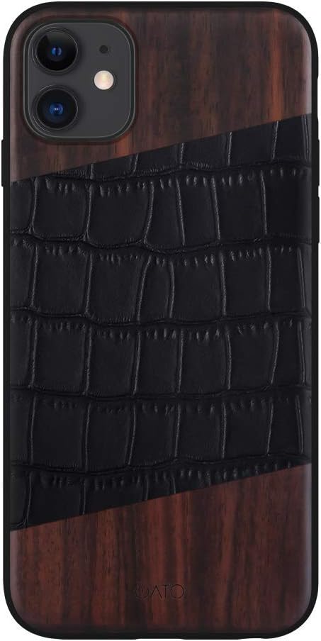 iATO iPhone 11 Case Wood & Leather. Unique & Classy Black Croco Genuine Leather & Real Natural Bois de Rose Wood iPhone 11 Case {Shockproof & Raised Lips} iPhone 11 Real Wood & Genuine Leather Case