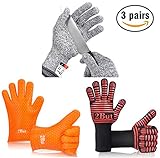 Cooking Gloves By 2But: 3 Pairs Of Heat And Cut Resistant Cooking Gloves – Insulated Silicone Oven And Grill Mitts For Finger, Hand And Wrist Protection – Washable Puncture Proof Kitchen Gloves
