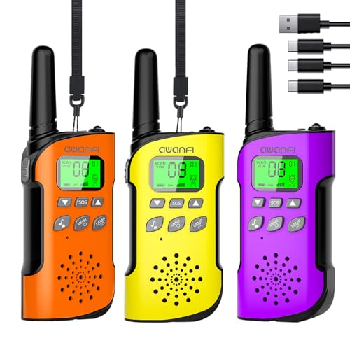AWANFI Walkie Talkie Kids Adults Rechargeable 3 Pieces Walkie Talkie Long Range Flashlight 8 Channel Walkie Talkie USB Type C for Camping, Hiking, Biking, Toy Gift for Girl and Boy