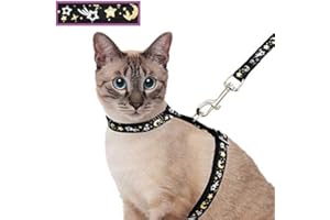 BARLEYGOO Cat Harness and Leash Set for Outdoor Walking Escape Proof Adjustable Soft Safety Strap with Golden Star and Moon Design Glow in The Dark Black