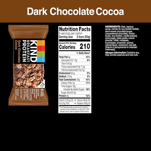 KIND BREAKFAST PROTEIN BARS, DARK CHOCOLATE COCOA, HEALTHY SNACKS, GLUTEN FREE, 8G PROTEIN, 6 COUNT