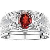 Rylos Men's Rings Classic Designer Style 8X6MM Oval Gemstone & Diamond Ring - Color Stone Birthstone Rings for Men, Sterling Silver Ring in Sizes 8-13.