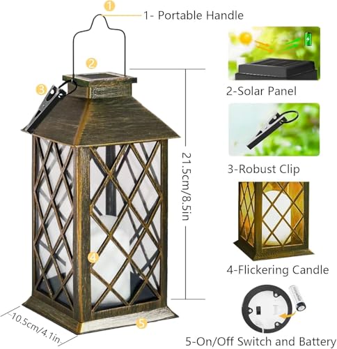 Joycome Outdoor Lanterns 2 Pieces Solar Garden Lantern with Flickering Candles, Solar Lamp Hanging Waterproof Table Lamps for Terrace Balcony Decorations – Copper