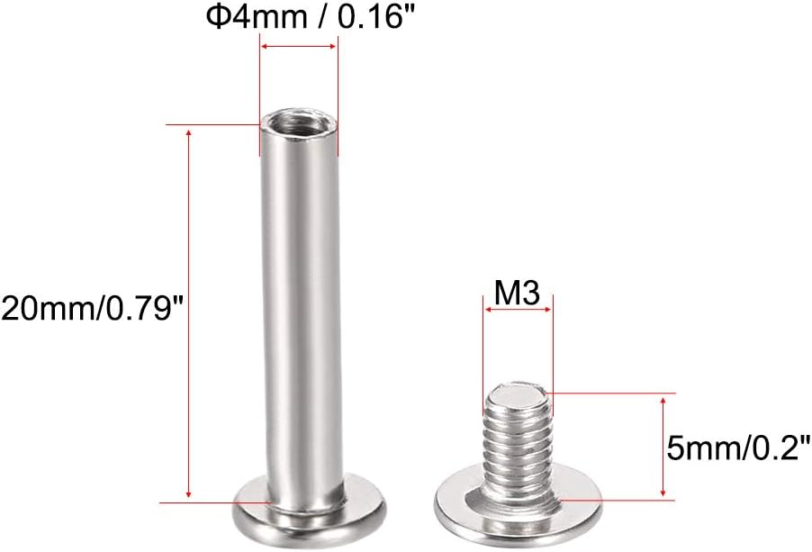 sourcing map Screw Post Fit for 1/8"(4mm) Hole Dia, Female 4x20mm Belt Buckle Binding Bolts Leather Fastener Carbon Steel 20 Sets - Image 3