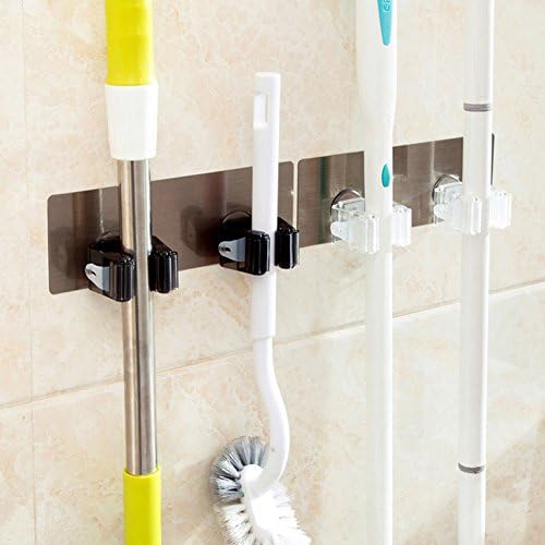 Huluwa Mop and Broom Holder, Wall Mounted Mop Broom Organizer, Self Adhesive Wall Mounted Mop Hooks Broom Hanger Holder, Double Holders, White