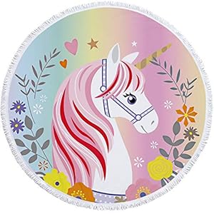 Round Unicorn Beach Towel Blanket Microfibre with Tassels Water Absorbent Circle Picnic Blanket Yoga Camping Mat Multi Purpose Travel Towels