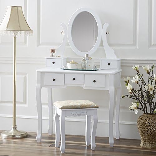 Fineboard FB-VT07-WN Single Mirror Dressing Set Five Organization Drawers Vanity Table with Wooden Stool, White