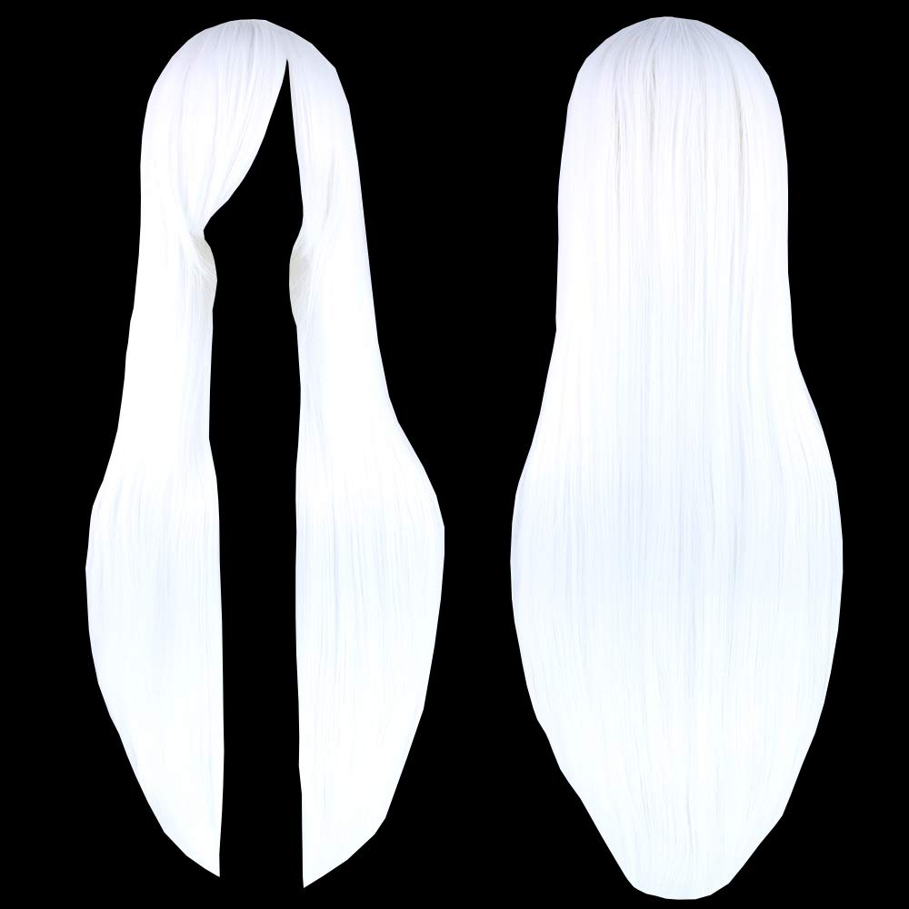 Fouriding 32" Pure White Women's Long Straight Full Wigs Costume Synthetic Hair Hairpieces with Oblique Bangs for Halloween Anime Cosplay Party Girl Women +Wig Cap