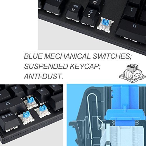 Mechanical Gaming Keyboard, Rockjame 104 Keys Anti-Ghosting LED Backlit Multiple Color Rainbow Blue Switch USB Wired Typing Gaming Illuminated Keyboard for PC Mac Gamers Typist