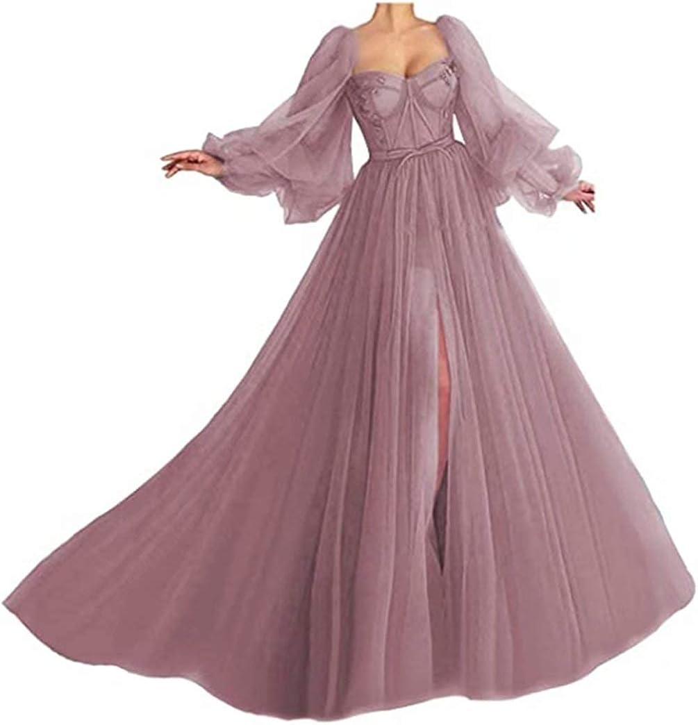 Prom Dress Long Puffy Sleeves Evening Dresses with Split