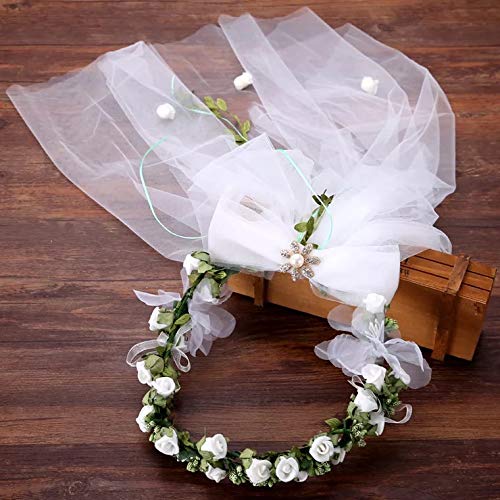 Flower Crown White Girls Headpiece,Women\'s Flower Festival Wedding - Headband Flower Crown Hair Wreath Halo With Adjustable Ribbon