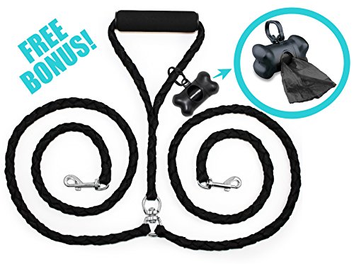 SavvyLeash Dual Double Dog Leash Tangle Free with Foam Handle - Strength Tested for Walking and Training 2 Dogs Includes a Bonus Poop Bag Dispenser Black