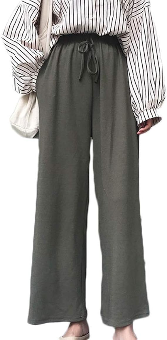Amazon レディース ワイドパンツ ガウチョパンツ ウエストゴム パンツ ブラック スカーチョ リボン 九分丈 ハイウエスト ゆったり グリーン ファッション 純色 ファッション 気質up 通勤 F キュロット 通販
