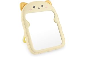 TBWHL Cute Table Desk Mirror Cartoon Cat Mirror for Desk, Desktop Mirror with Stand for Girls, Kids, Hanging Vanity Travel Makeup Mirror for Dorm, Bedroom, Classroom, Office Cubicle (Yellow Cat)