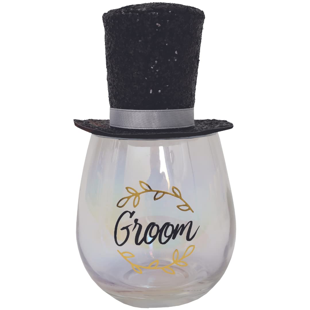 Splosh Groom Celebration Glass - Stemless Personalised Glass Drinking Cup - Wedding Present and Engagement Gifts for Him - Unique Novelty Gift with Wearable Top Hat - 16oz.