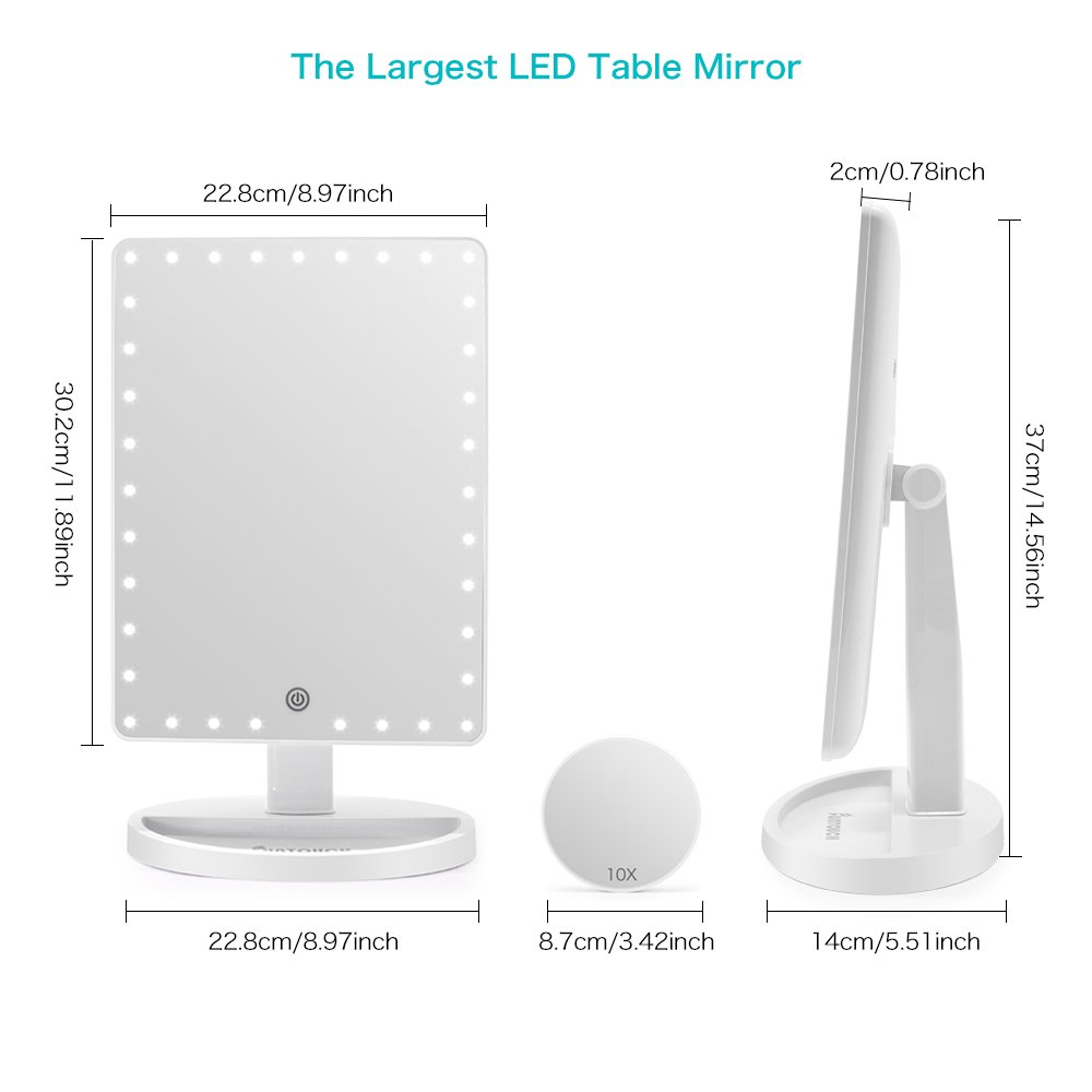 Large Lighted Vanity Makeup Mirror (X-Large Model), Funtouch Light Up Mirror with 35 LED Lights, Touch Screen and 10X Magnification Mirror, 360° Rotation Tabletop Cosmetic Mirror (White) : Beauty