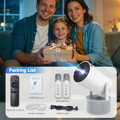 Mini Proyector 4K 1080P, Proyector Portátil con Karaoke, WiFi 6, Bluetooth 5.0, 200 ANSI, Android 11, USB y HDMI, Proyectores con Dos Micrófonos Compatible con Smartphone/Tabletas/PC/TV Stick/XBox/PS5