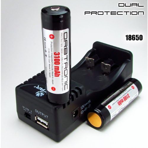 Two 18650 PROTECTED Orbtronic Li-ion (Panasonic inside) 3.7V Batteries &amp; Battery Charger Kit for high performance Flashlights
