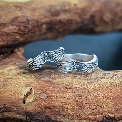 GAGAFEEL Antique 925 Sterling Silver Couple Ring for Women Men Feather Angel Wing Mens Rings Silver Wedding Band Vingage Open Promise Rings for Couples Adjust Size 6-13 (S: Adjust Sizes 6-11)