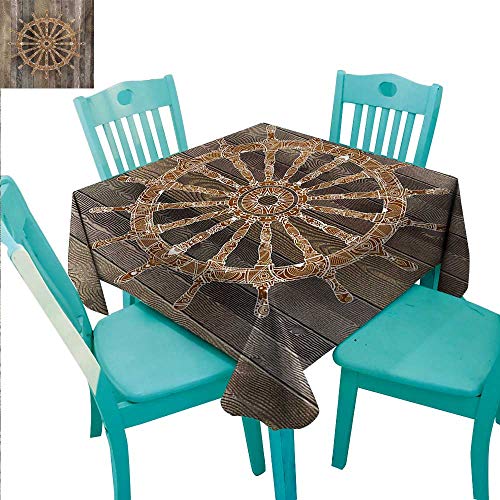 Navy Elegant Waterproof Spillproof Polyester Fabric Table Cover Nautical Ship Wheel Pattern on Wooden Background Marine Sea Captain Theme Artwork Indoor Outdoor Camping Picnic 70" Wx70 L Umber Brown