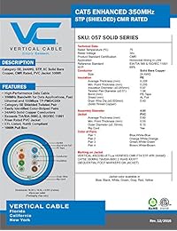 Vertical Cable CAT5e, 350 MHz, shielded, 24 AWG, Solid de cobre desnudo, 1000 ft, Negro, Bulk Cable de Ethernet