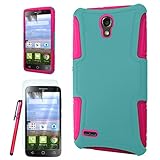 Alcatel One Touch Pop Icon 2 LTE Slim Hybrid Case, The3Knights[TM] Slim Dual Layer Hybrid Cover Case + The3Knights[TM] Touch Screen Stylus and SCREEN PROTECTOR (Teal+Hot Pink)