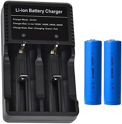 2PCS 18650 3000mAh 3.7V Protected Rechargeable Lithium Battery with Fast Li-ion Battery Charger for Handheld Flashlight Headlight Headlamp and Torch