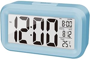 KAIJIELY Upgraded Digital Alarm Clock, 4.3" LED Display with Temperature Larger Lound Light Control Portable Snooze Calendar Brightness with Battery Powered Alarm Clocks Bedside for Everyone (Blue)